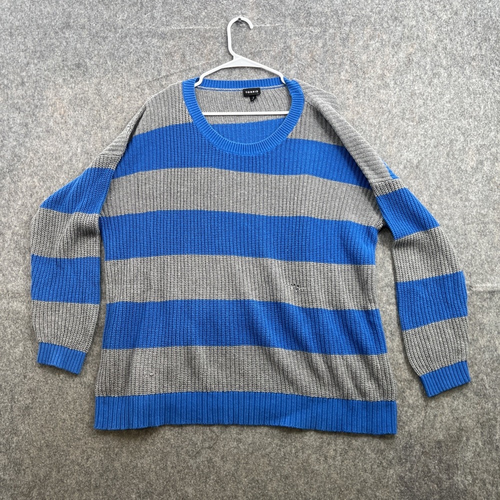 Torrid Womens Blue Gray Striped Drop Shoulder Sweater Sz 2 Plus Distressed